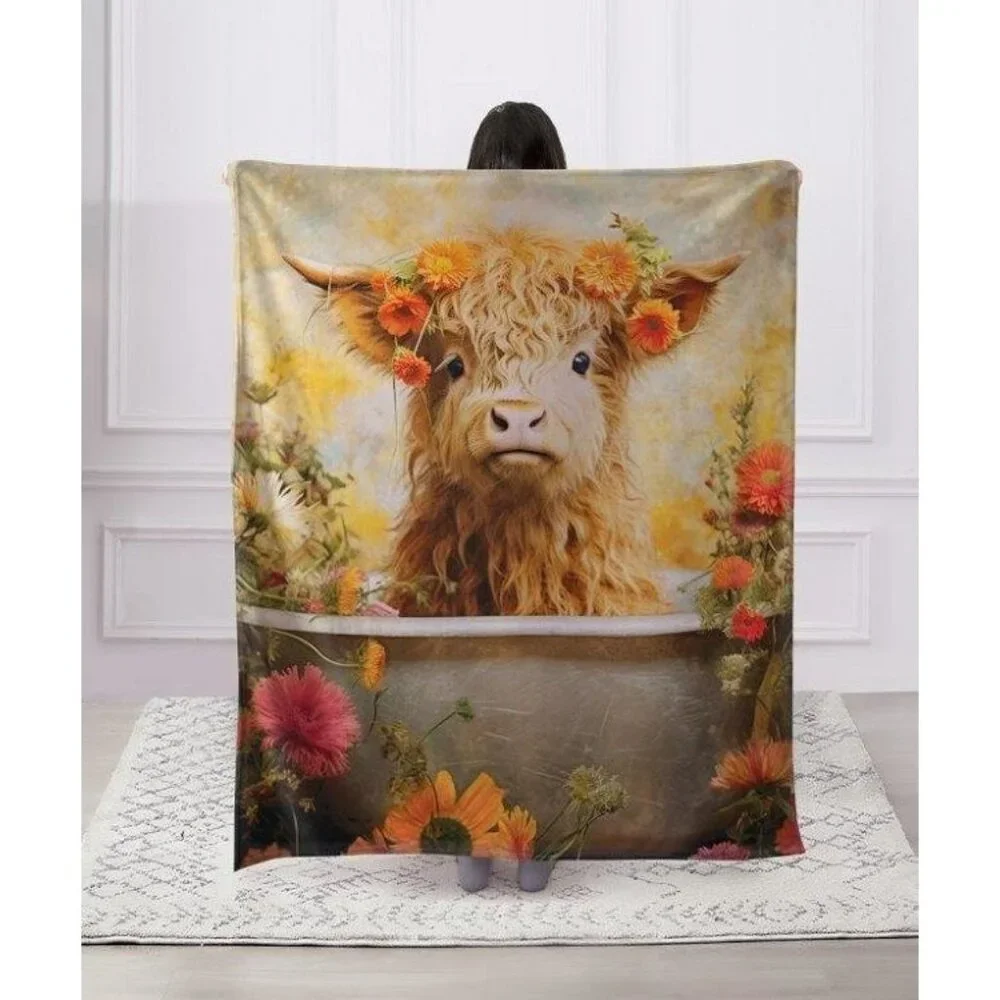 New Highland Calf Plush Throw Blanket Gift Farm Horns Bull Daisies NIP Cow Photo - Picture 2 of 4